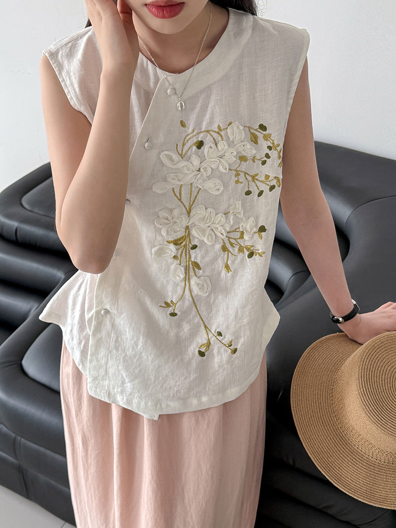 韓系刺繡新中式亞麻無袖馬甲-2色