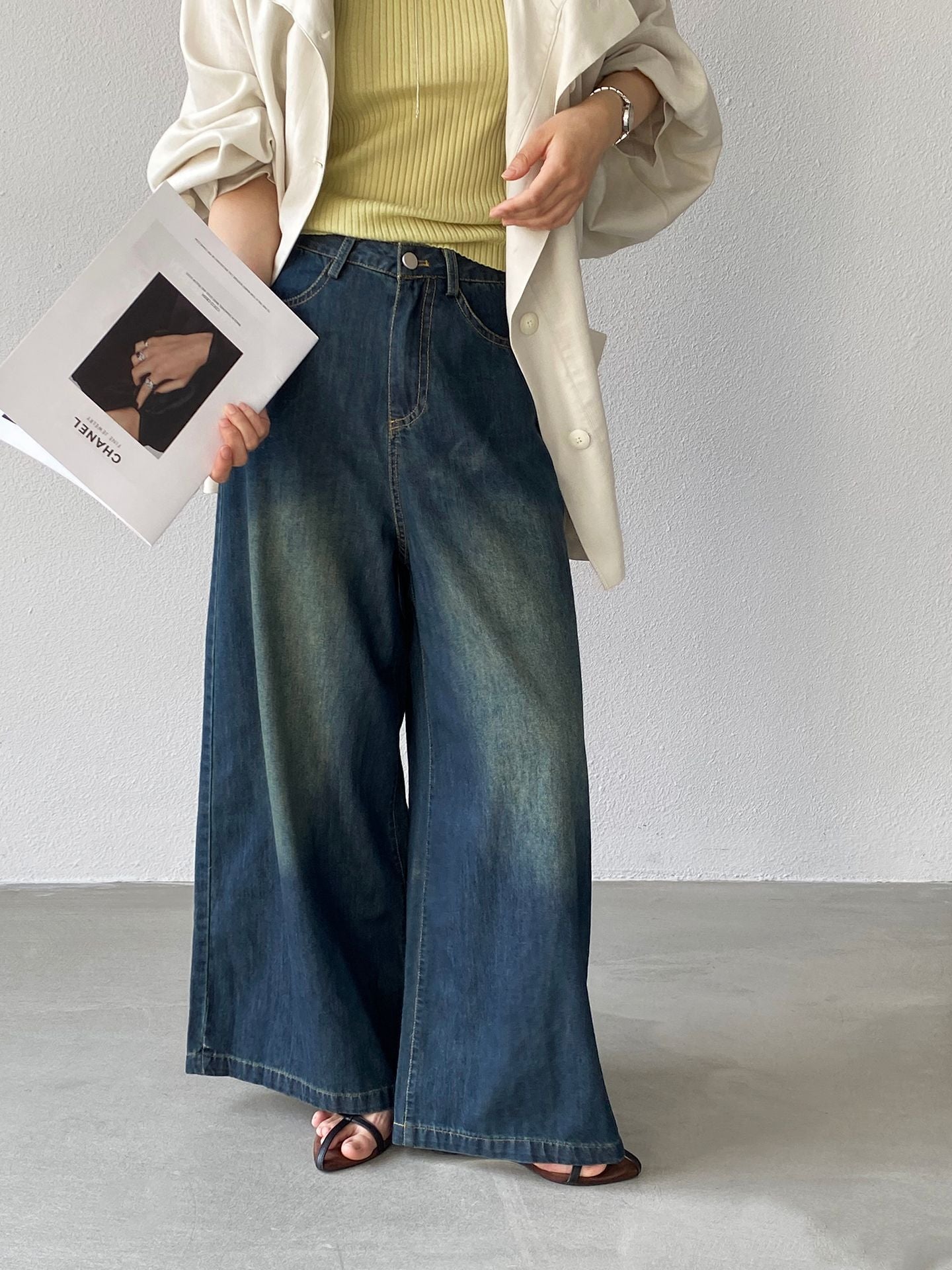 韓版復古高腰做舊闊腿牛仔褲