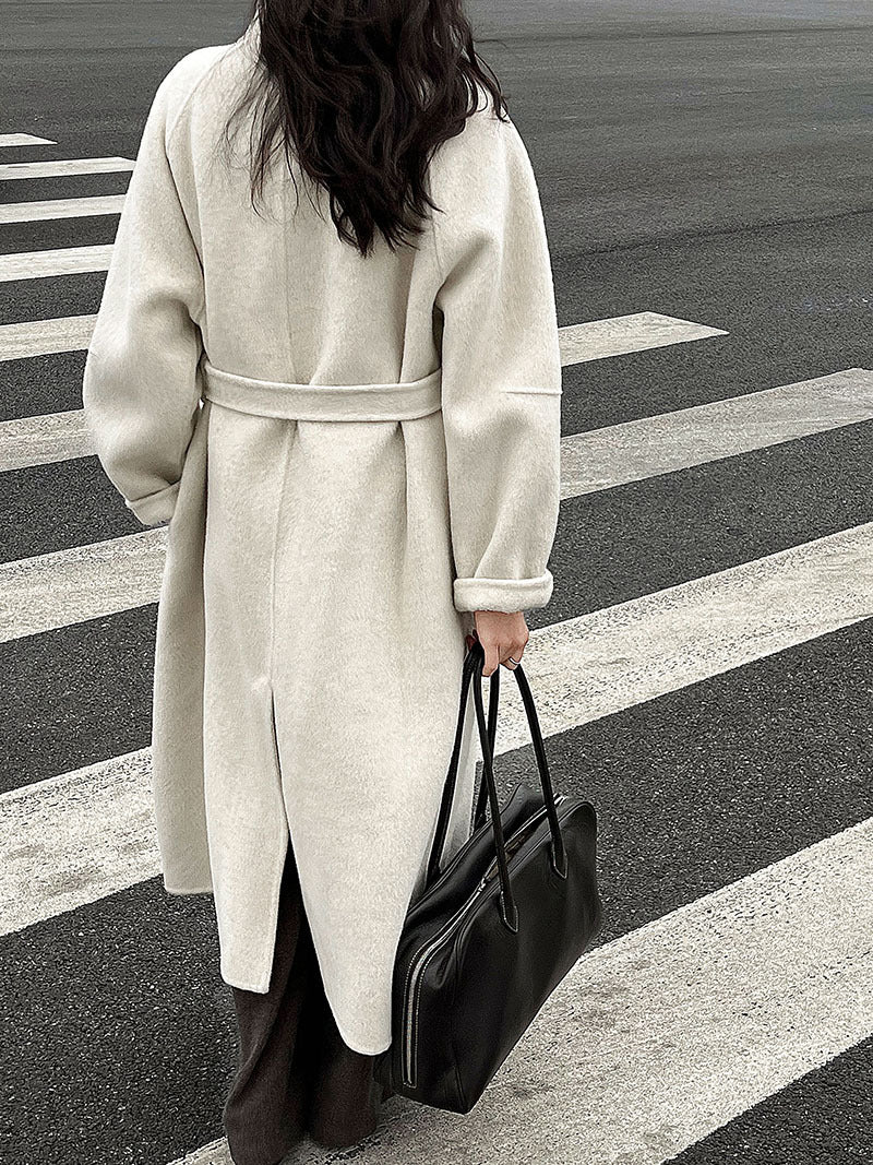 韓版慵懶斜扣領長款雙面呢羊毛大衣外套-3色