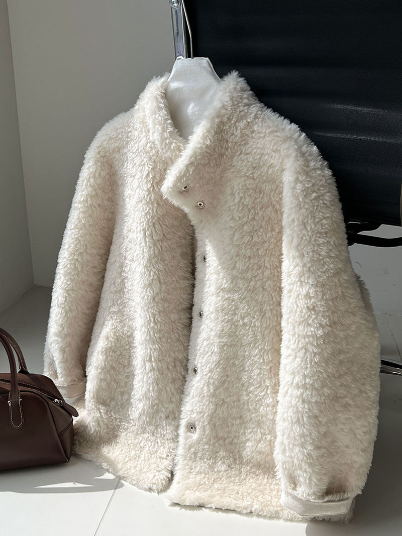 美拉德立領羊羔毛皮毛一體外套大衣-2色