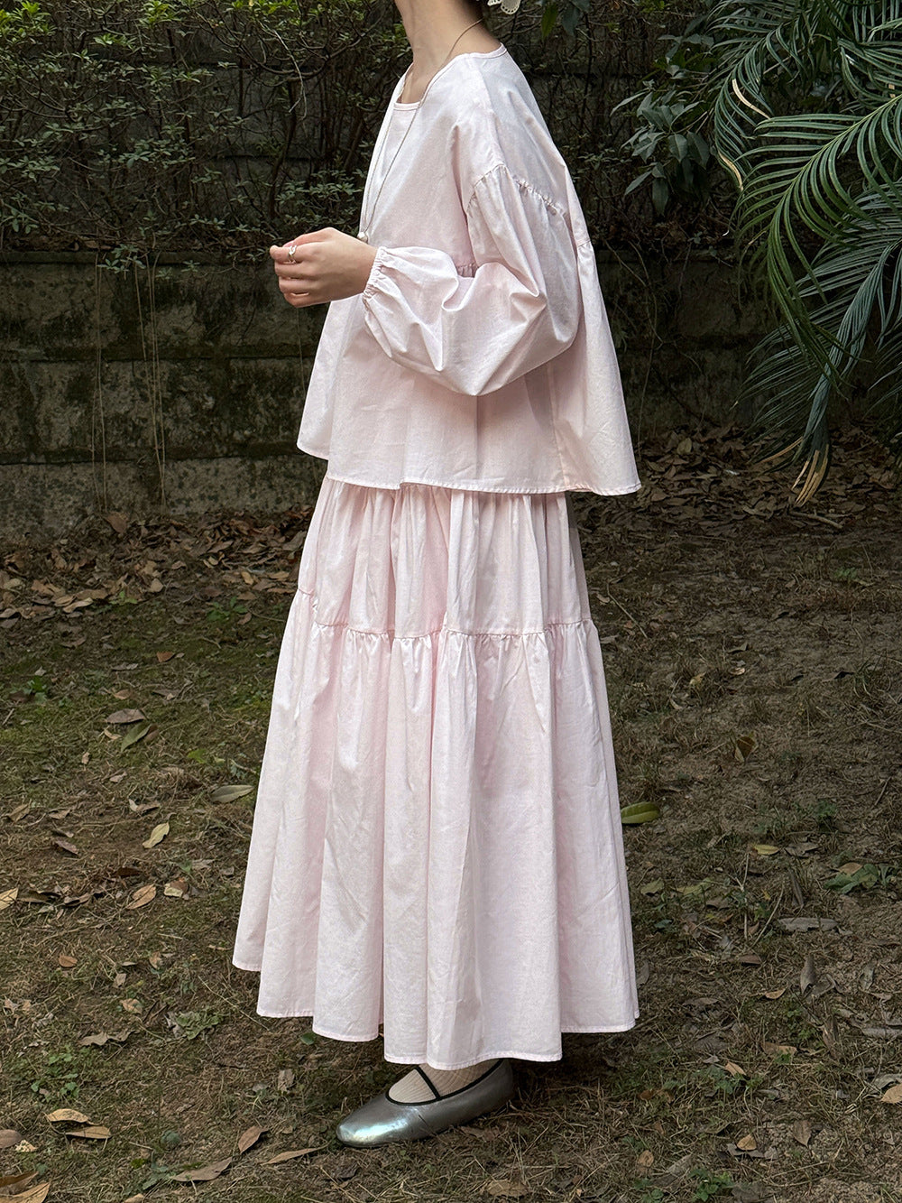 春感甜美娃娃衫+褶皺大擺半身裙-兩件式套裝-2色