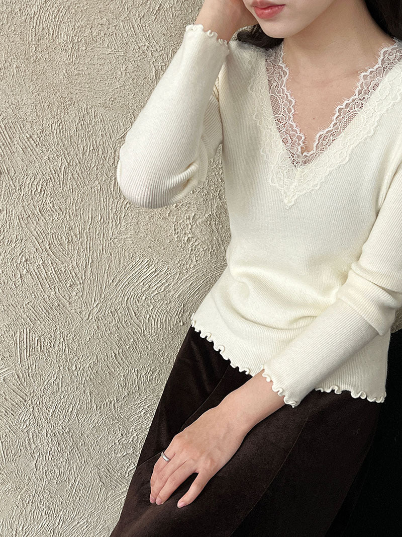 法式修身氣質蕾絲V領顯瘦內搭針織上衣-3色