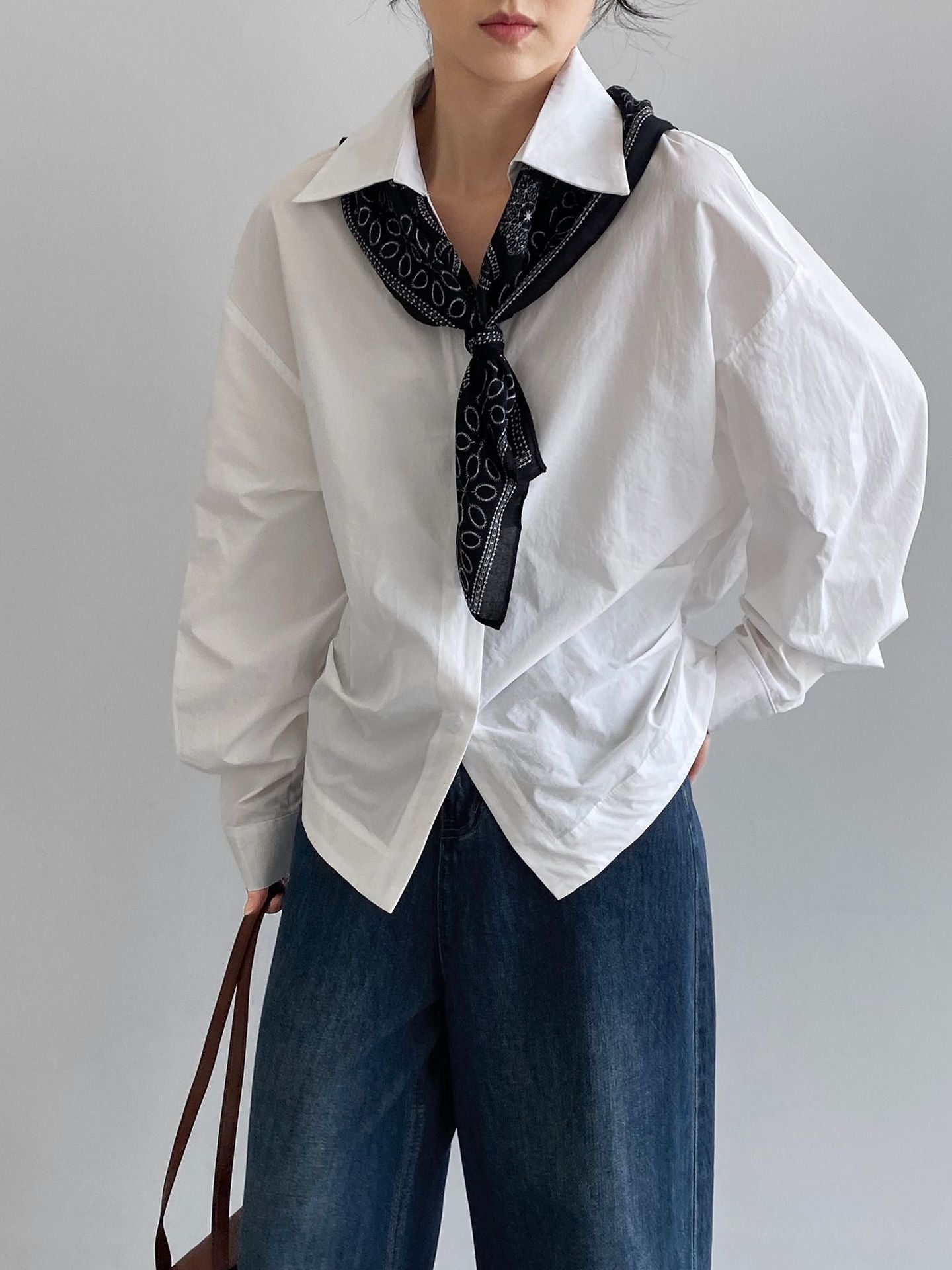 韓系通勤氣質顯瘦抽褶收腰襯衫+含披肩-3色