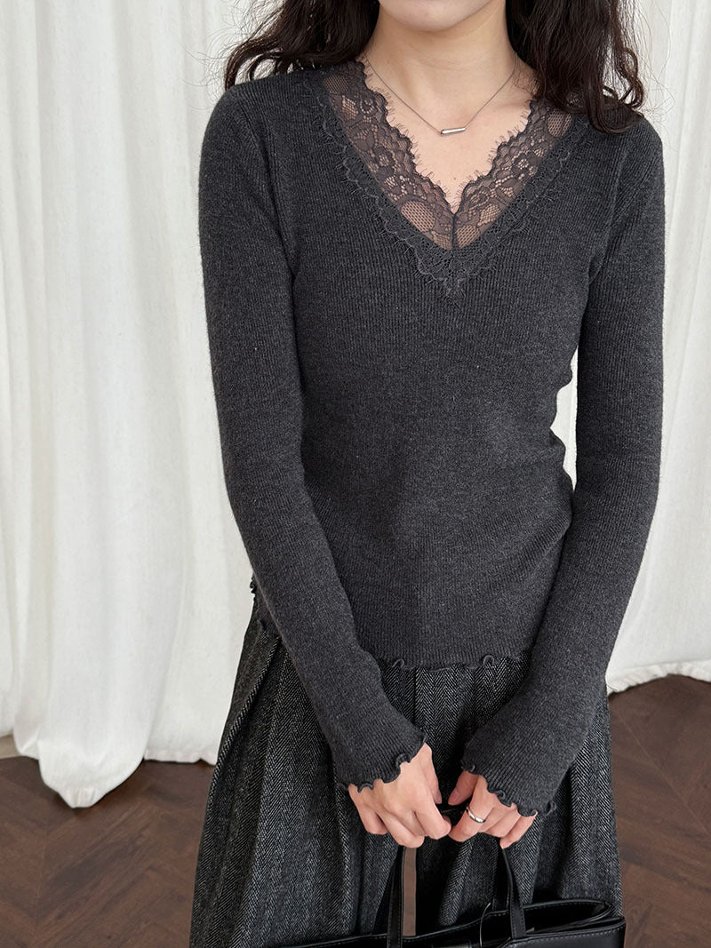 法式修身氣質蕾絲V領顯瘦內搭針織上衣-3色