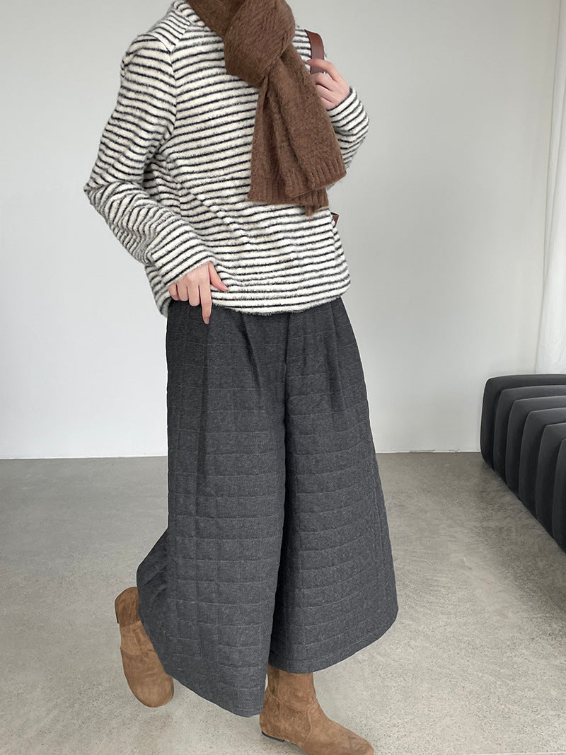 (48H出貨)韓系毛呢夾棉加厚格紋八分闊腿褲-2色