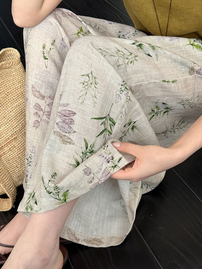 韓系提花亞麻碎花休閒褲