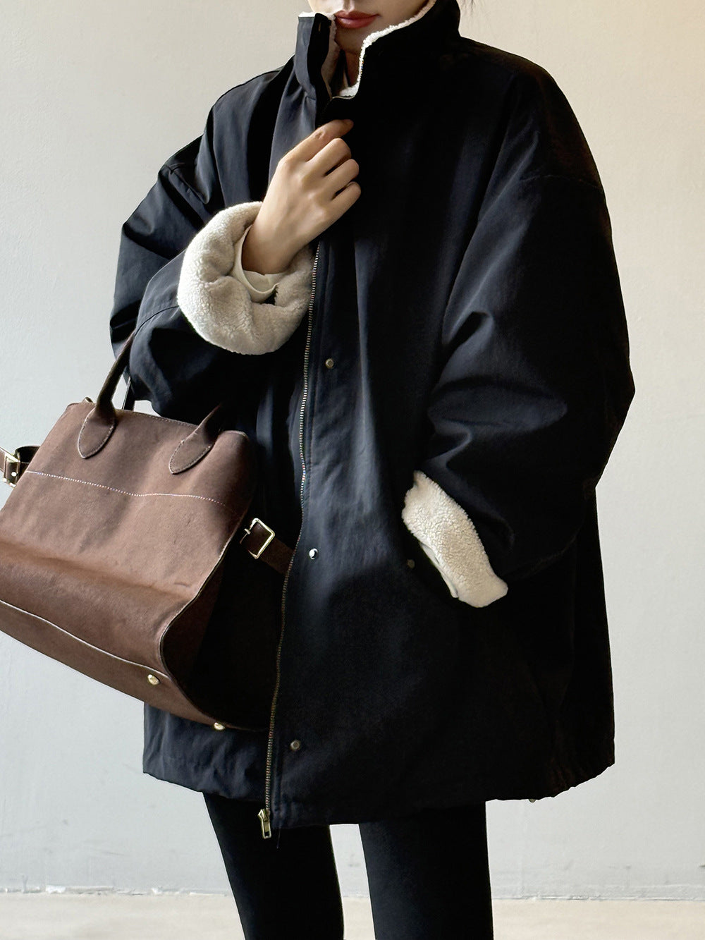 韓系設計感立領羊羔毛工裝保暖派克外套-2色