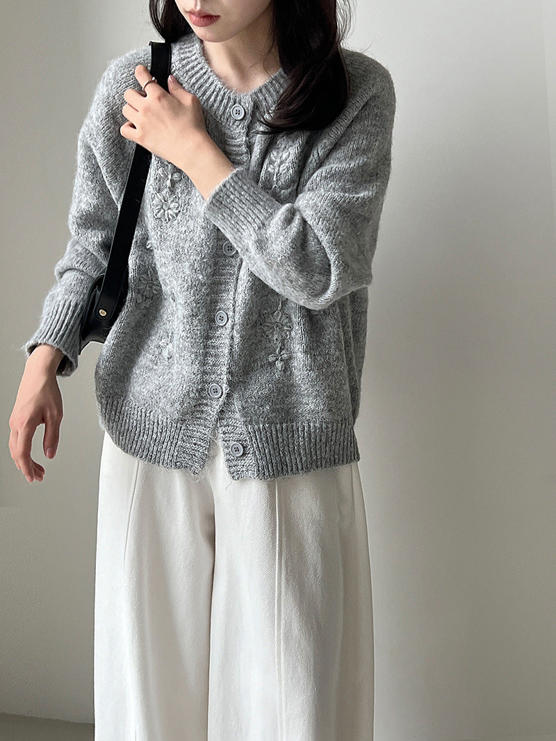 韓系立體手工花朵刺繡針織開衫外套-3色