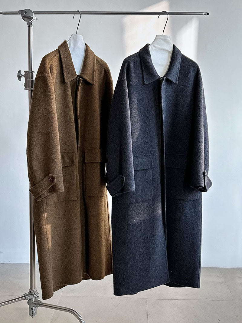 韓系高質感羊毛翻領拉鍊雙面呢大衣外套-2色