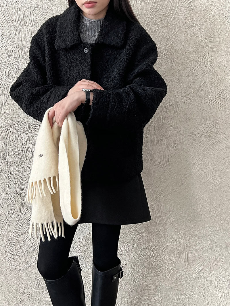 韓版單排扣短款羊羔毛翻領外套-2色