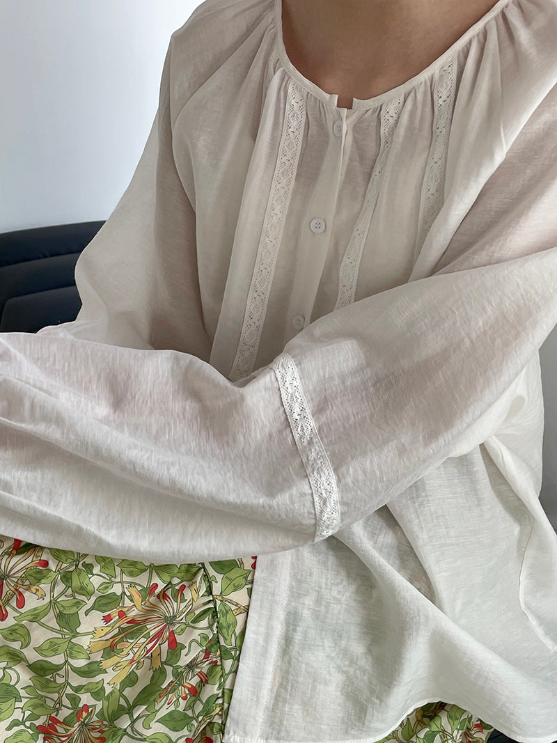 法式刺繡拼接燈籠袖圓領娃娃衫襯衫-2色