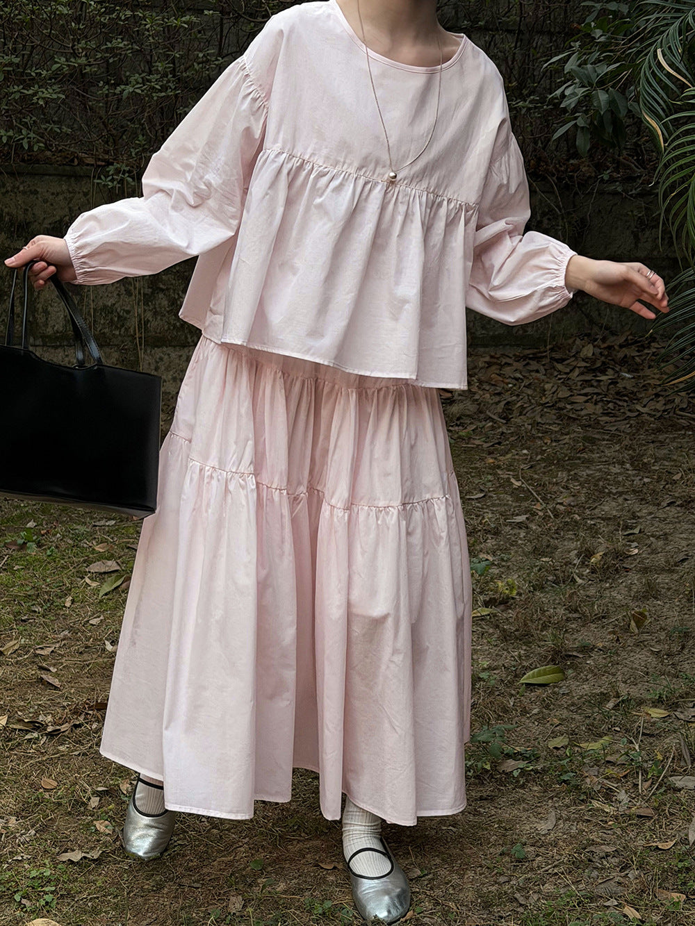 春感甜美娃娃衫+褶皺大擺半身裙-兩件式套裝-2色