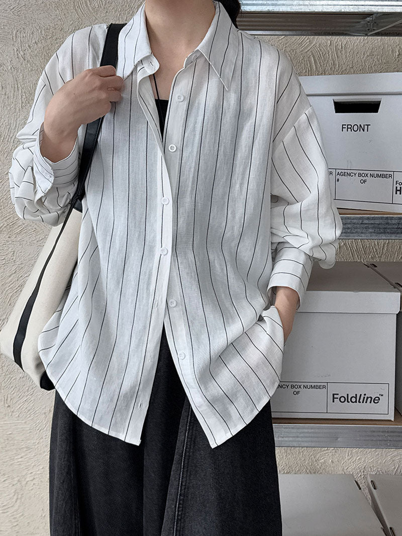 質感老錢風休閒條紋亞麻長袖襯衫外套-2色