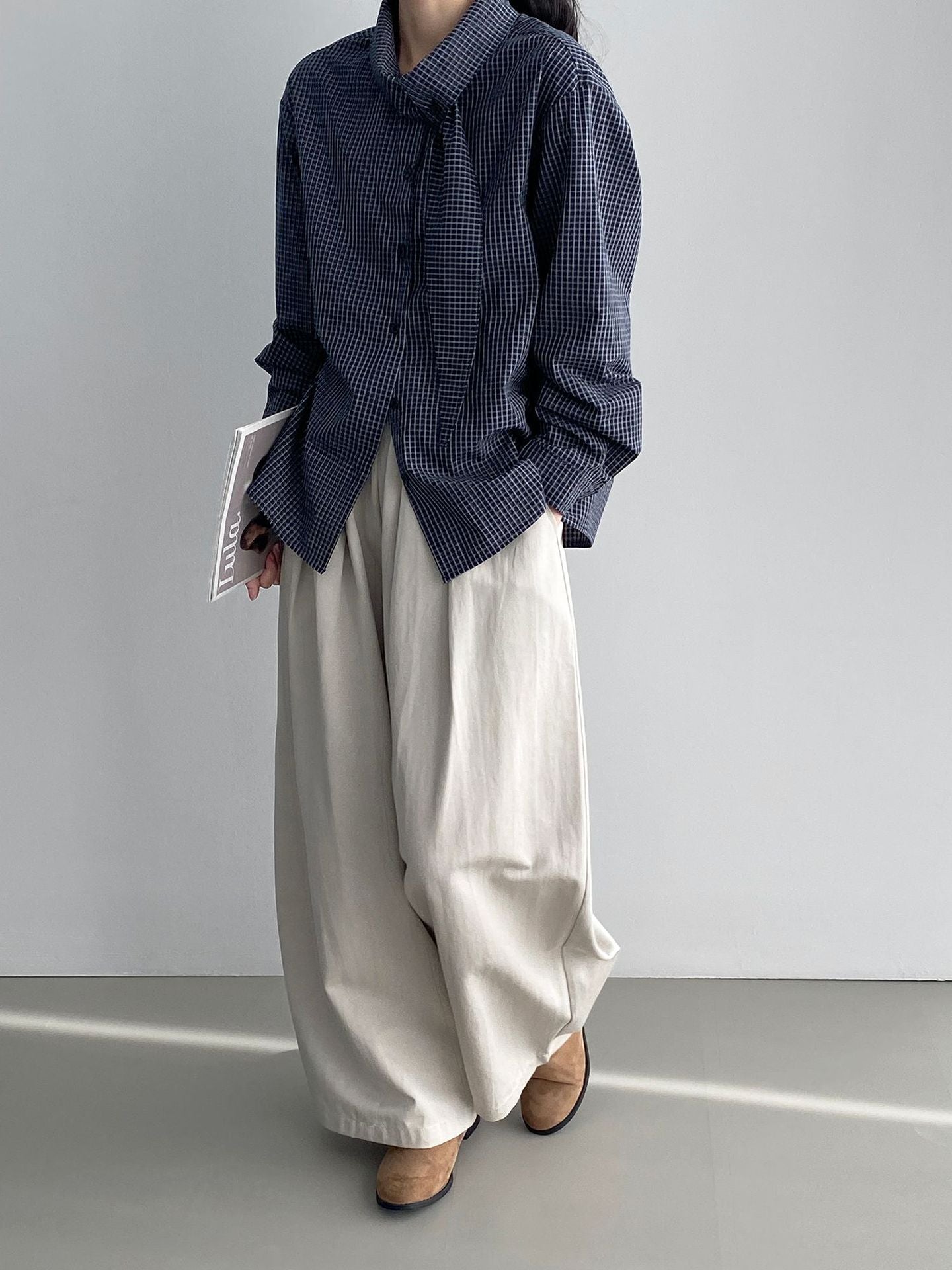 韓系設計感小衆領結格子襯衫-2色