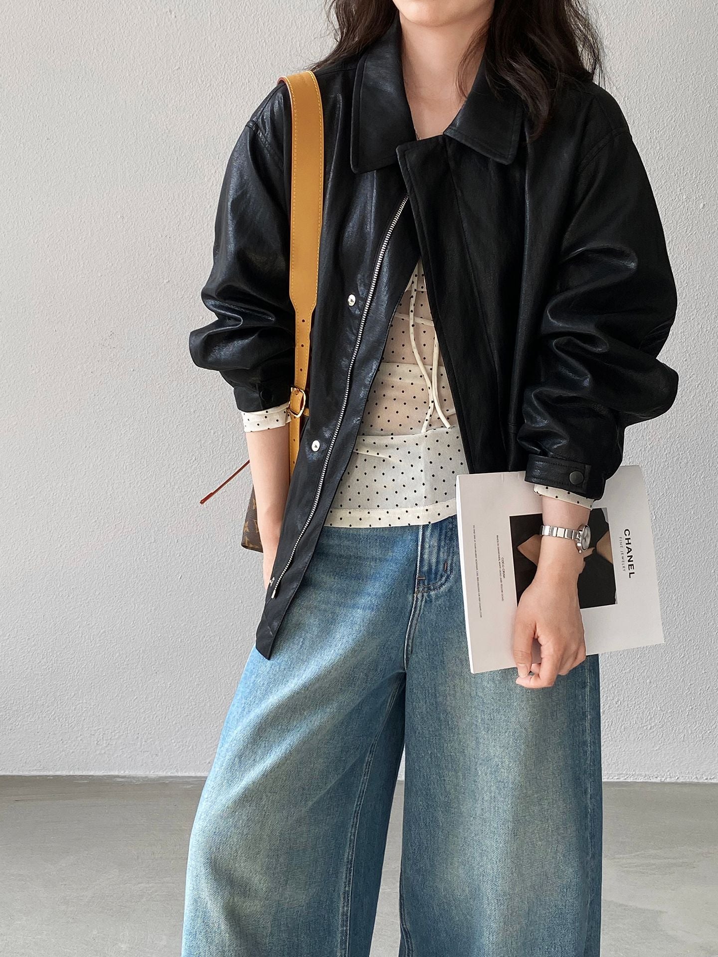 復古蛋白皮設計感短款PU皮衣夾克外套-2色