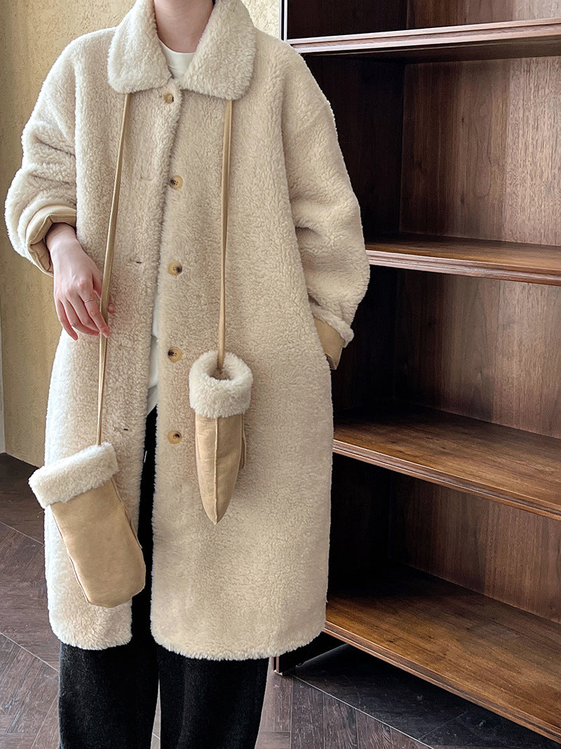 韓版翻領配手套羊羔毛大衣外套