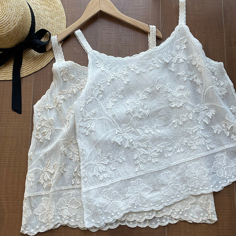 甜妹重工刺繡蕾絲緹花吊帶背心上衣-2色