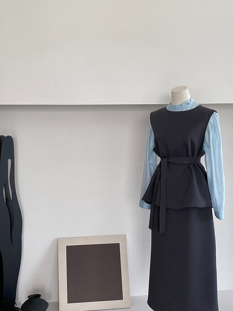 韓版高品質顯瘦西裝無袖馬甲+半身裙+配腰帶-三件式套裝