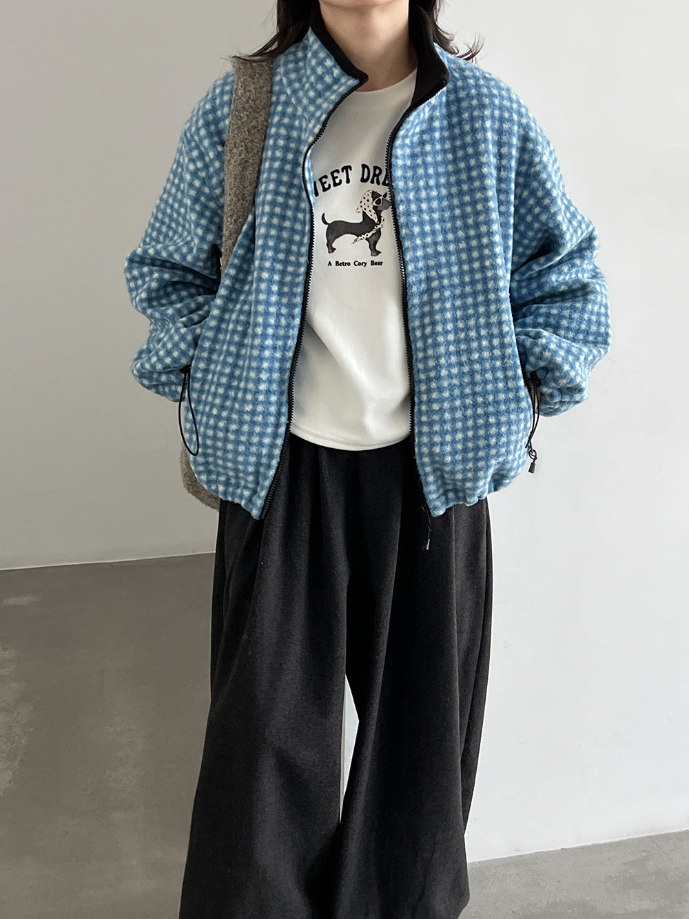 韓系立領格紋撞色搖粒絨拉鍊外套-2色