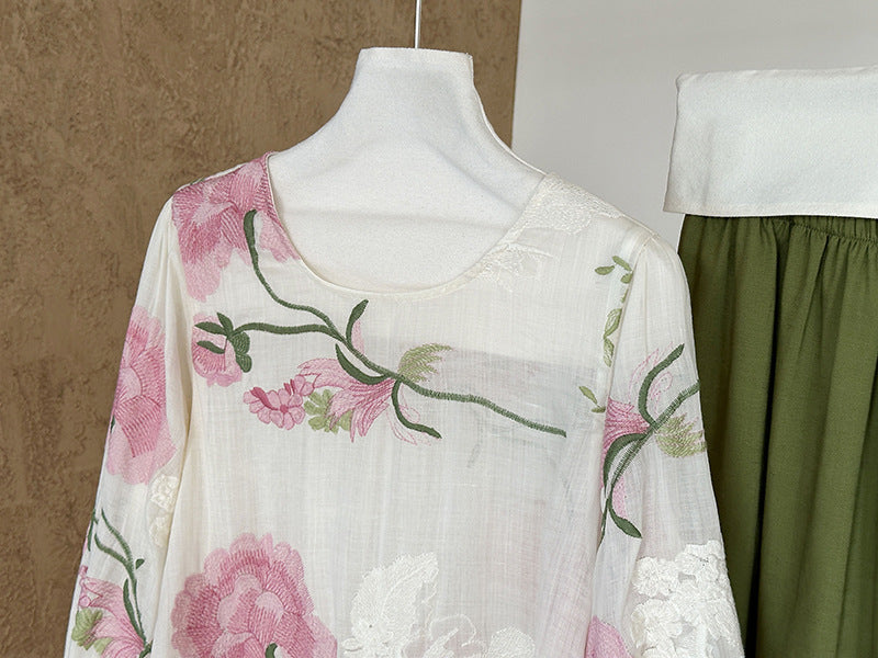 韓系度假風刺繡苧麻圓領寬鬆上衣