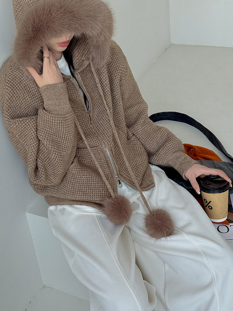 韓系氣質毛領連帽針織開衫-3色