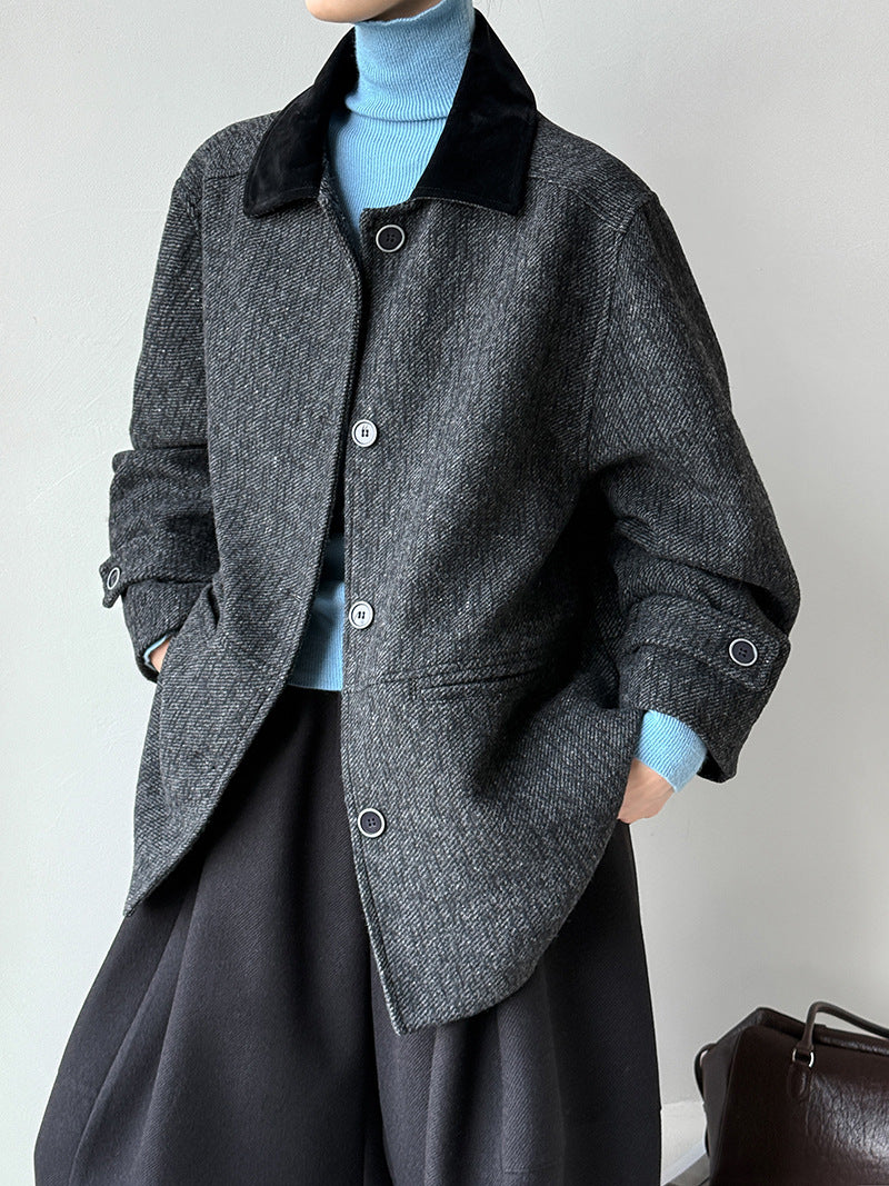韓系復古翻領氣質撞色羊毛夾克外套-2色