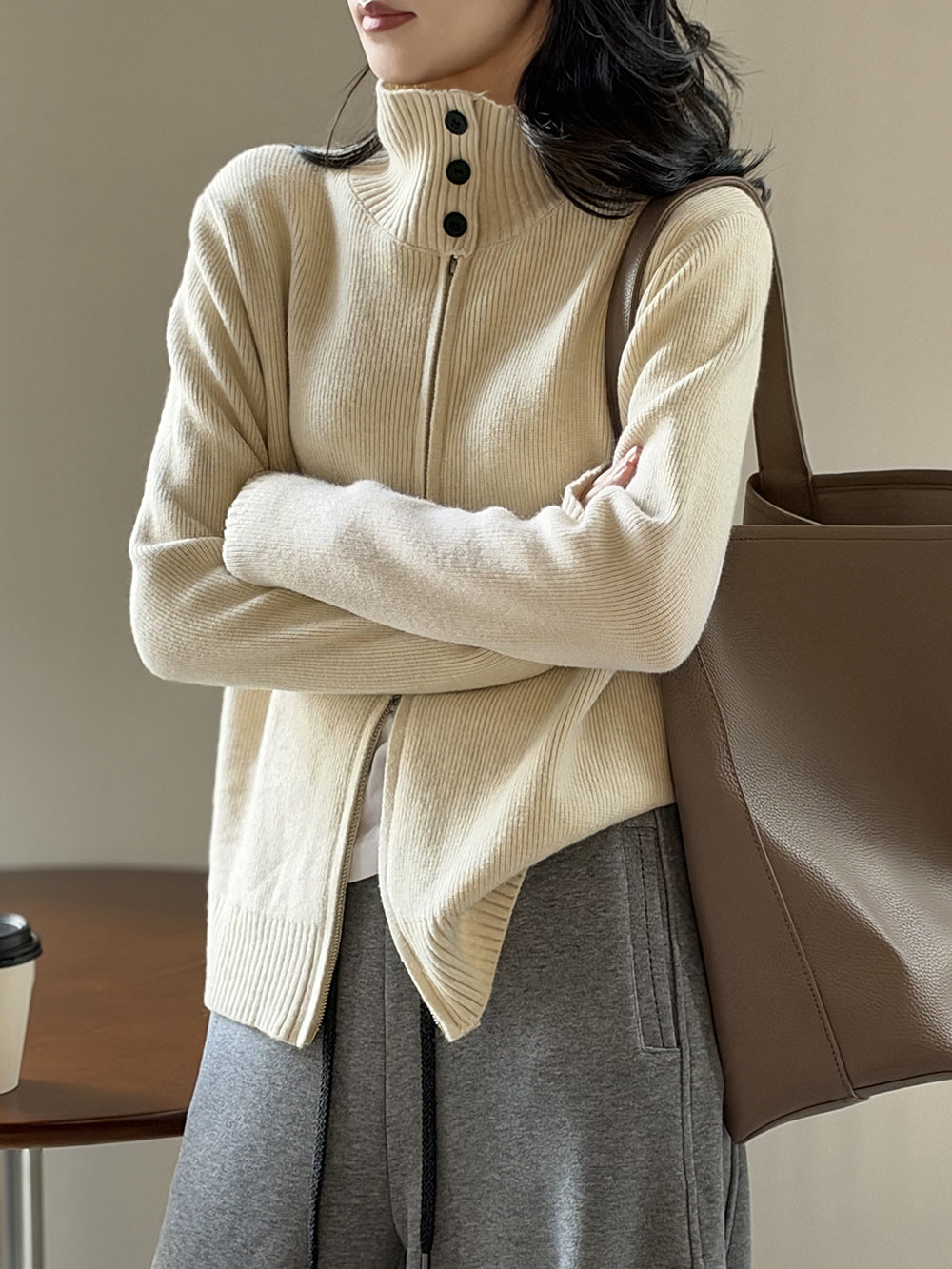 高領雙拉鍊坑條加厚寬鬆針織開衫-7色