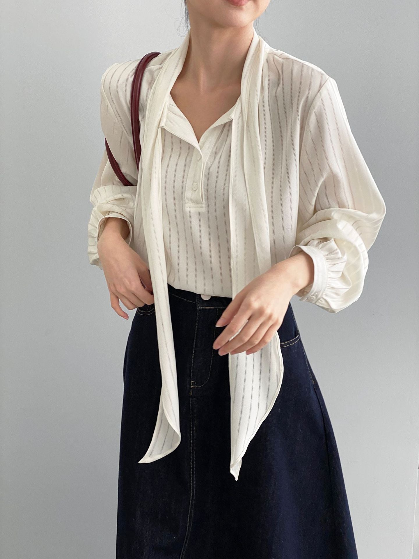 韓系光澤感親膚垂感通勤簡約飄帶條紋襯衫