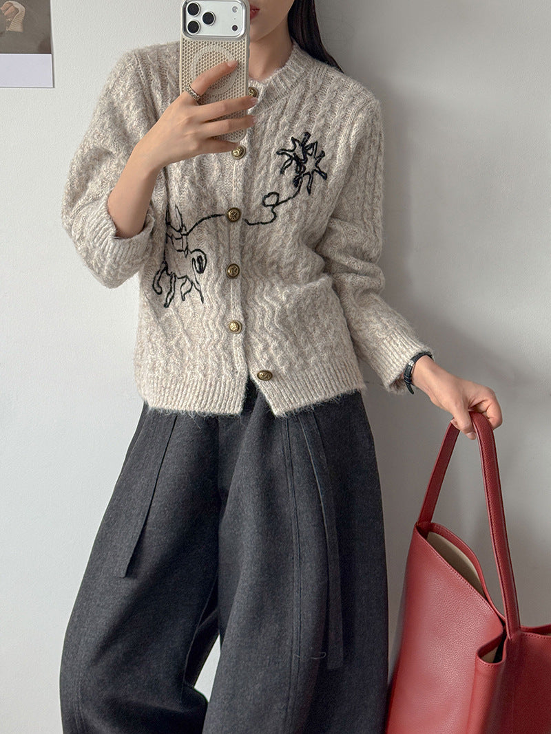 小眾刺繡軟糯長袖針織開衫-3色