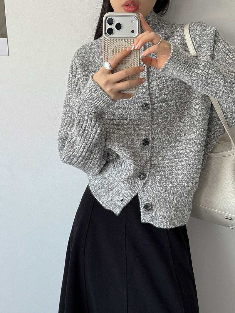 韓版高領單排扣修身針織開衫-3色