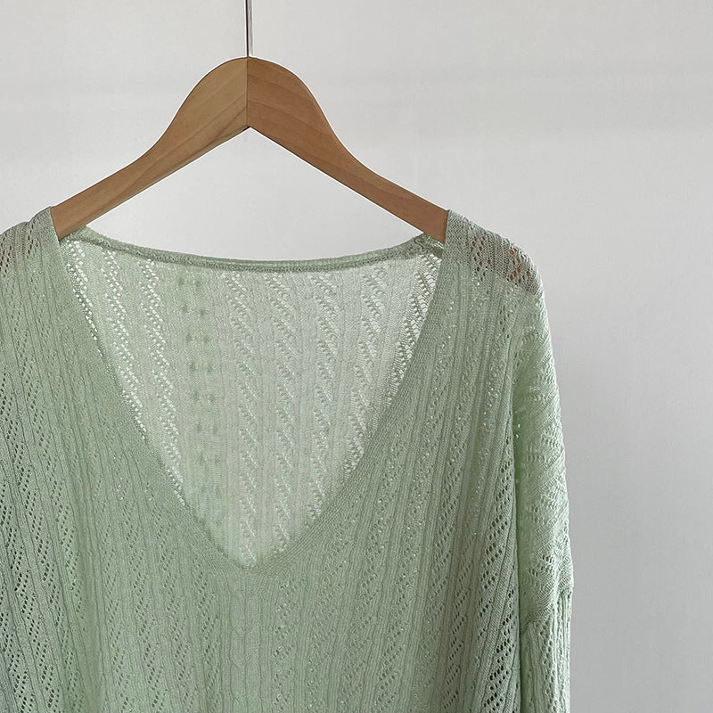 韓系鏤空V領防曬針織罩衫+吊帶上衣-兩件式套裝-4色