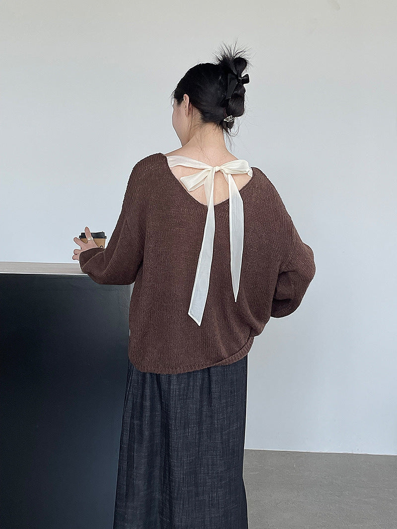 寬鬆氛圍感V領絲帶馬海毛針織上衣-5色