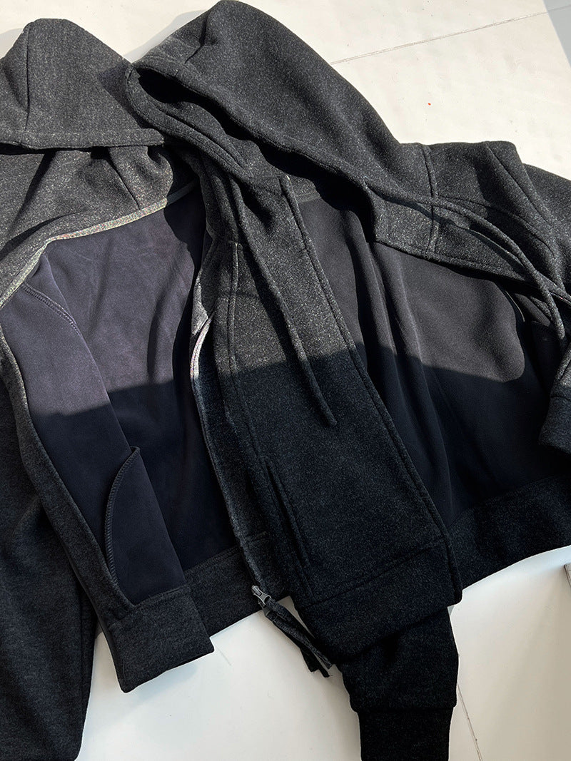 (48H出貨)(上下分售)羊毛加絨連帽雙拉鍊衛衣+運動長褲-兩件式套裝-2色