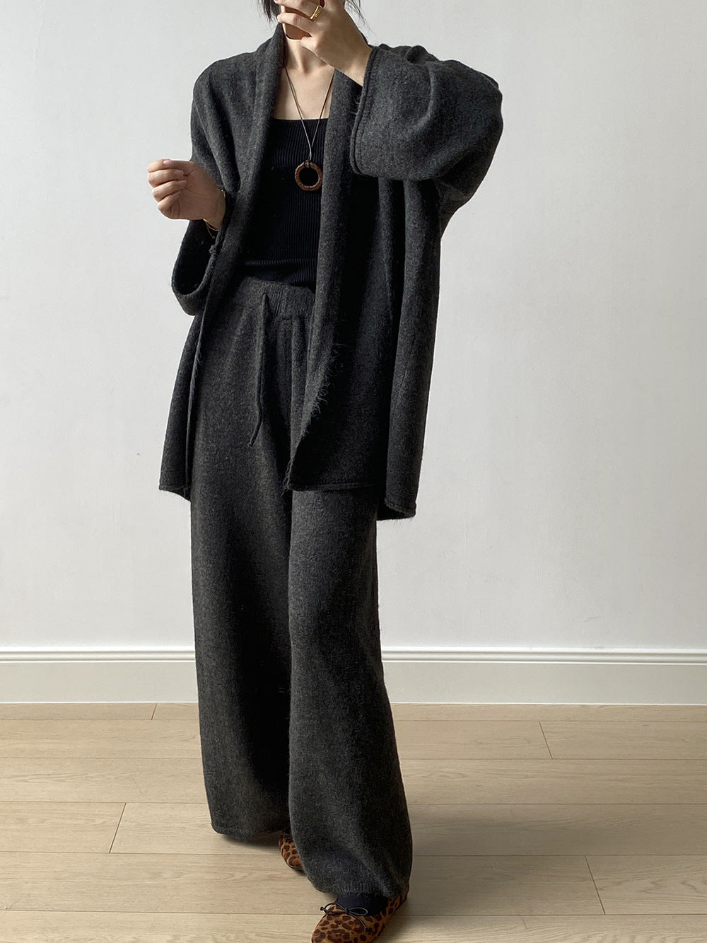 (48H出貨)高級慵懶風繫帶針織開衫+高腰闊腿褲-兩件式套裝-3色