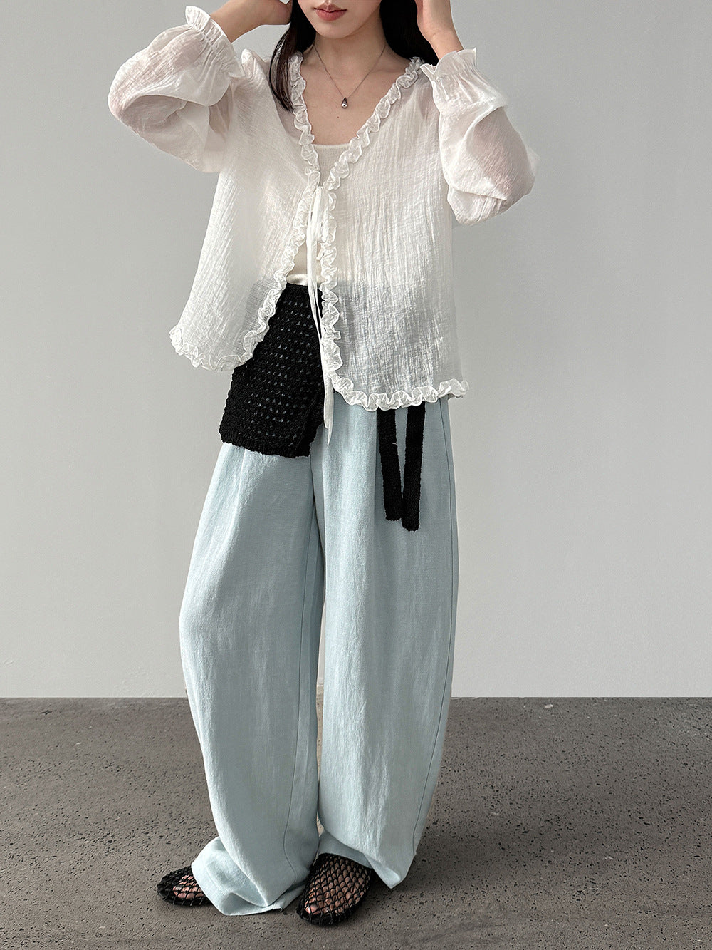 韓系亞麻垂墜感鬆緊腰闊腿褲-3色