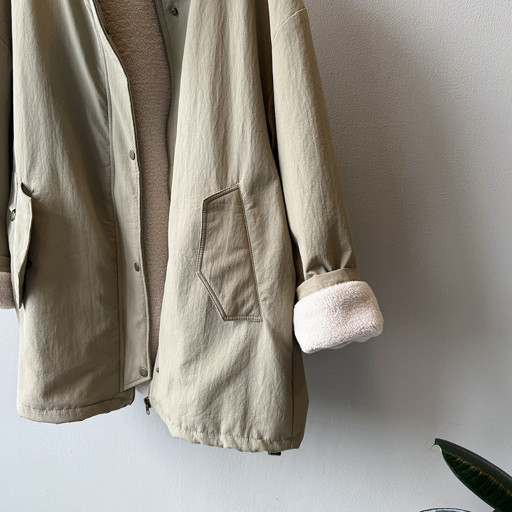 韓系設計感立領羊羔毛工裝保暖派克外套-2色