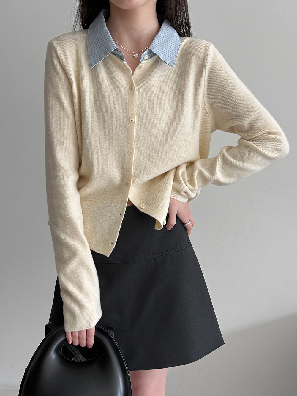 慵懶風撞色假兩件拼接針織開衫襯衫-3色