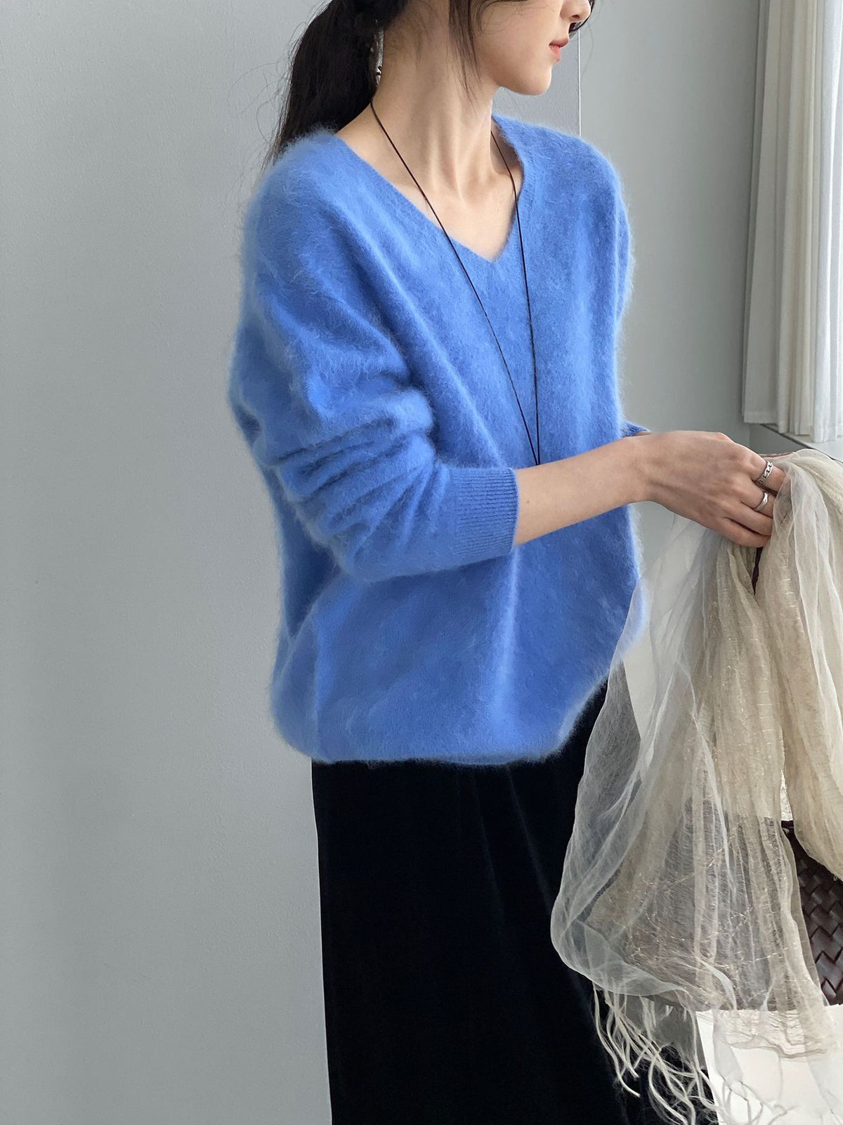 桑蠶絲羊毛V領寬鬆針織毛衣-7色