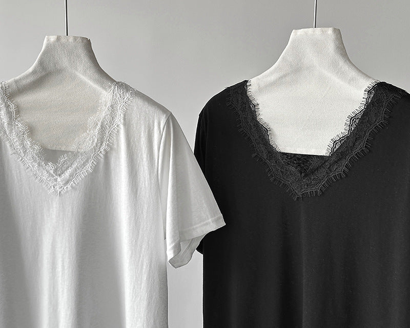 韓系不規則中長款疊穿蕾絲花邊短袖背心上衣-2色