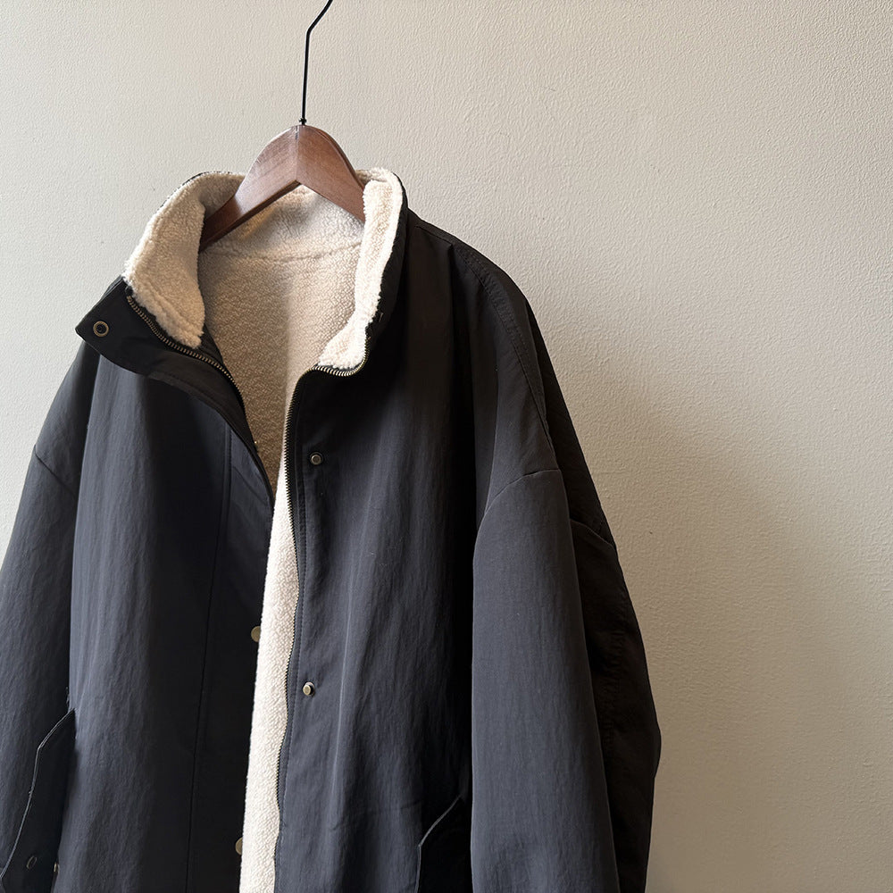 韓系設計感立領羊羔毛工裝保暖派克外套-2色