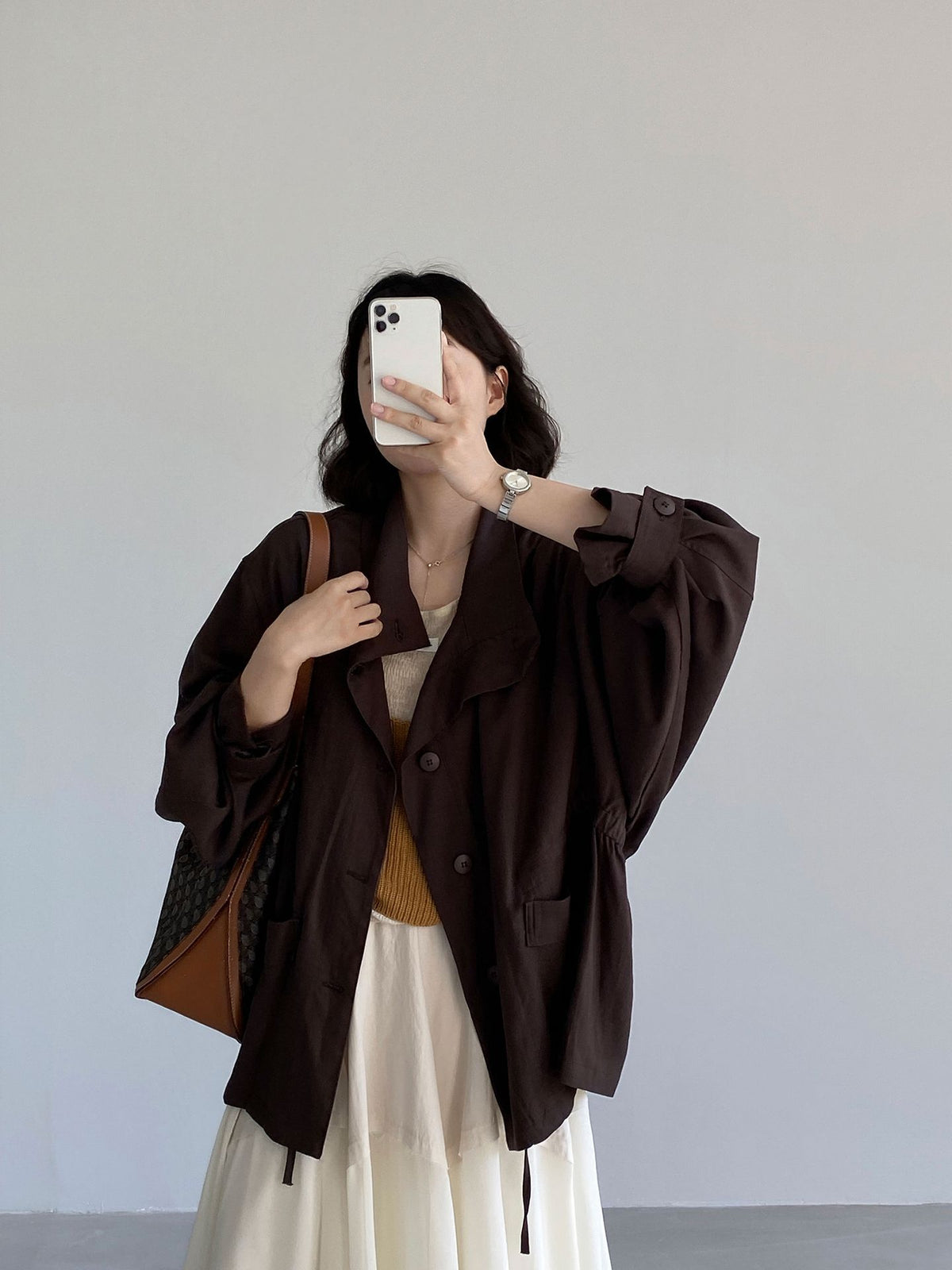 松系美學老錢風廓形蝙蝠袖亞麻風衣