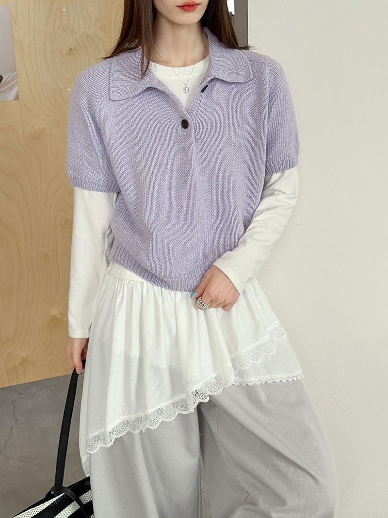 韓系氣質疊穿簡約Polo領針織顯瘦短袖毛衣-3色