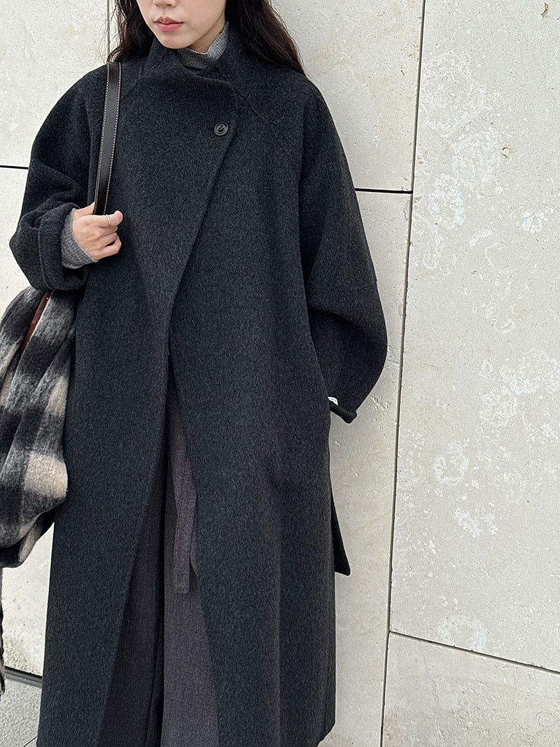 韓版慵懶斜扣領長款雙面呢羊毛大衣外套-3色