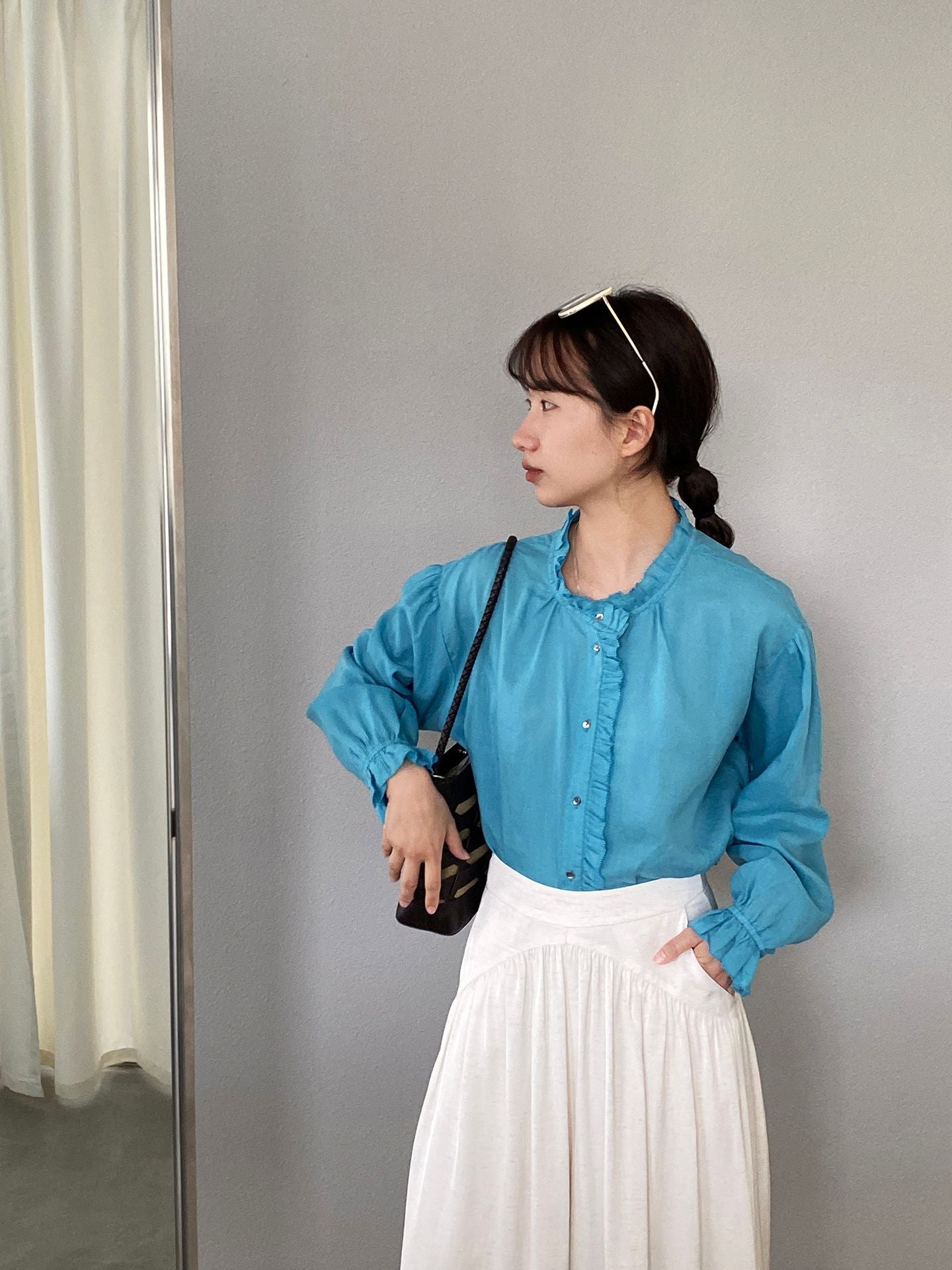 韓系復古木耳花邊領寬鬆喇叭袖苧麻襯衫-2色