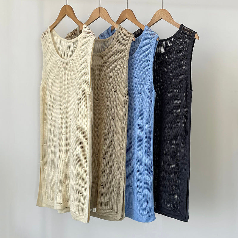 韓系側開叉圓領疊穿鏤空中長背心連身裙-4色