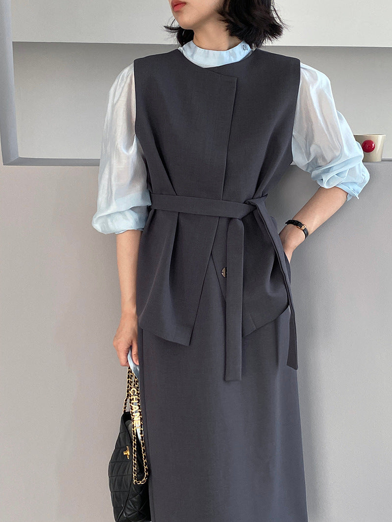 韓版高品質顯瘦西裝無袖馬甲+半身裙+配腰帶-三件式套裝