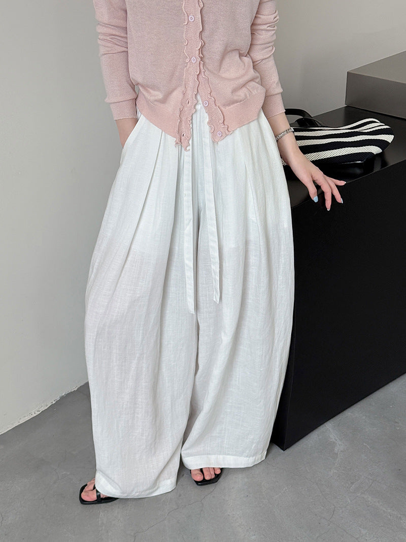 休閒輕薄亞麻鬆緊腰寬褲-3色