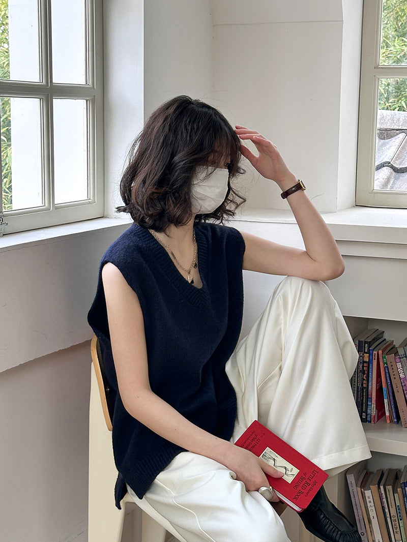 簡約V領休閒打底針織背心-2色