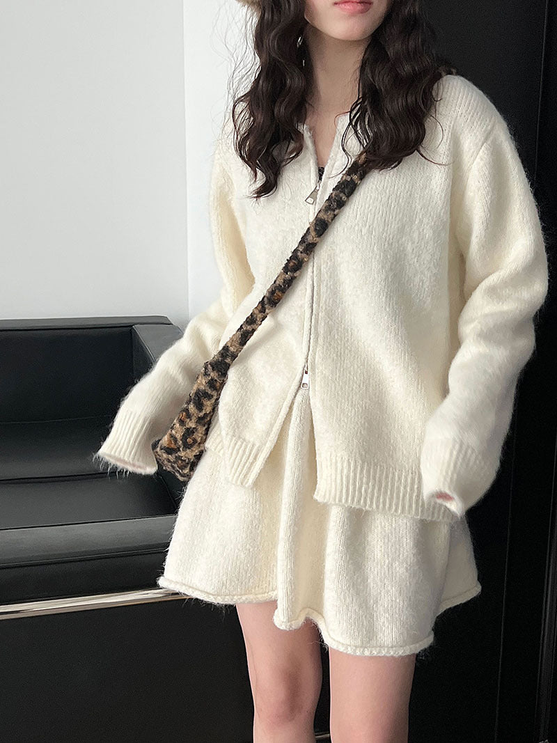 韓系軟糯休閒針織毛衣+卷邊A字短裙-兩件式套裝-3色