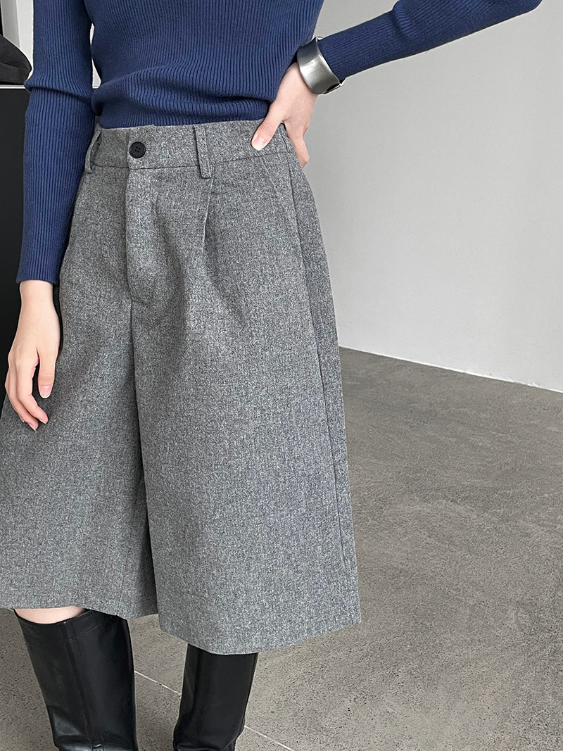 高級羊毛呢高腰顯瘦休閒闊腿五分中褲-2色